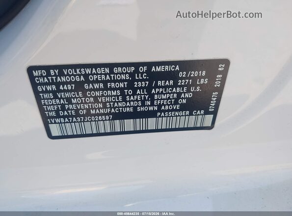 1VWBA7A37JC026597 2018 VOLKSWAGEN PASSAT White Շարժիչի բաժամունքի տեսք