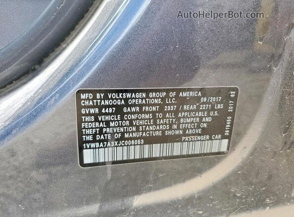 1VWBA7A3XJC006053 2018 VOLKSWAGEN PASSAT Charcoal Engine compartment view