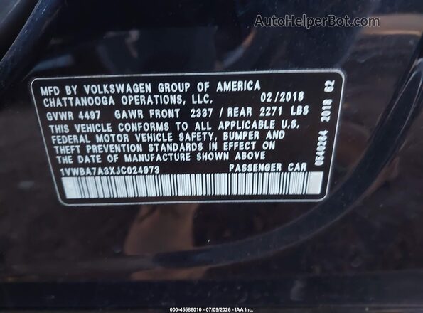 1VWBA7A3XJC024973 2018 VOLKSWAGEN PASSAT Black Vista del compartimento del motor