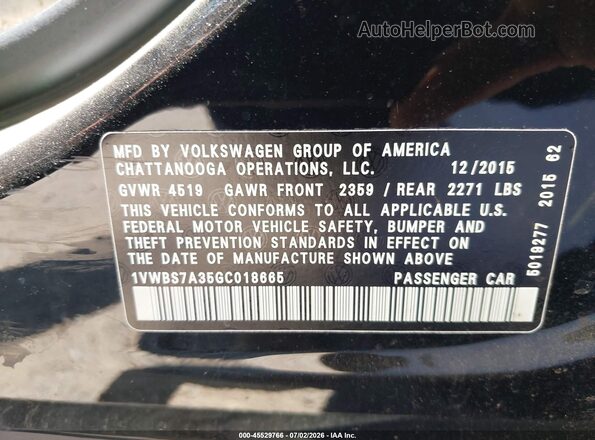 1VWBS7A35GC018665 2016 VOLKSWAGEN PASSAT Black Engine compartment view