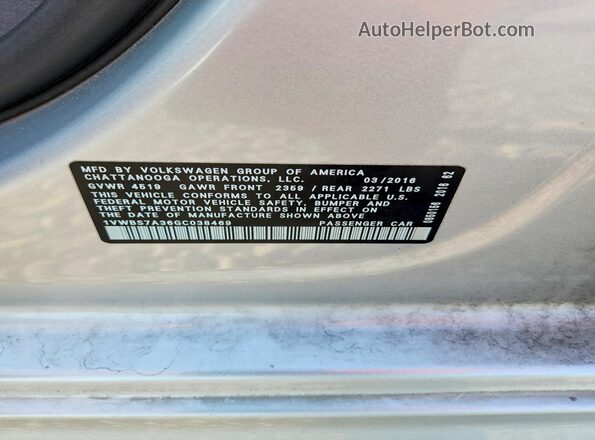 1VWBS7A36GC038469 2016 VOLKSWAGEN PASSAT Silver VIN sticker view