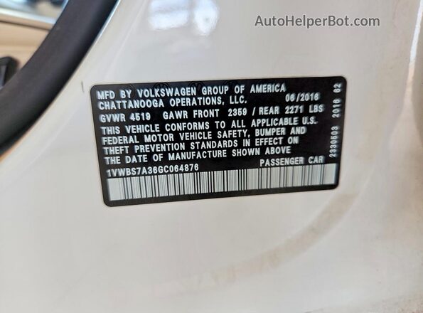 1VWBS7A36GC064876 2016 VOLKSWAGEN PASSAT White Engine compartment view