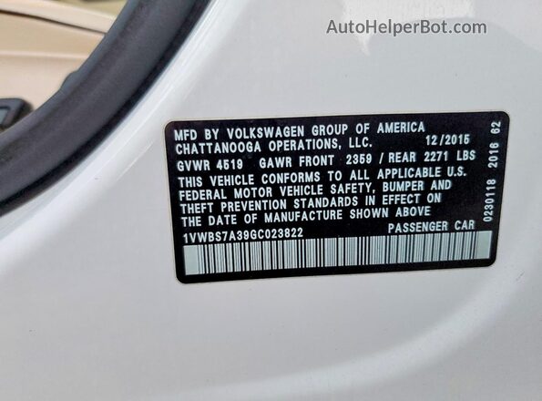 1VWBS7A39GC023822 2016 VOLKSWAGEN PASSAT White Widok naklejki z numerem VIN