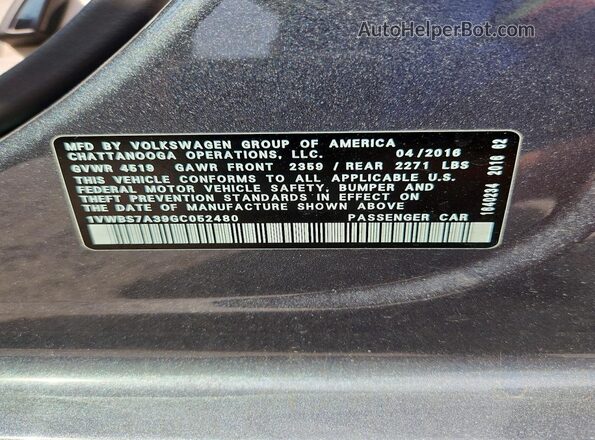 1VWBS7A39GC052480 2016 VOLKSWAGEN PASSAT Gray ძრავის განყოფილების ხედი