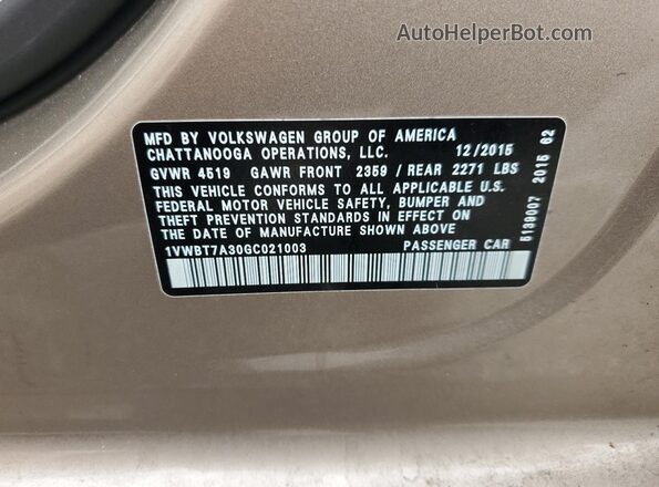 1VWBT7A30GC021003 2016 VOLKSWAGEN PASSAT Gold VIN կոդի պիտակի տեսք