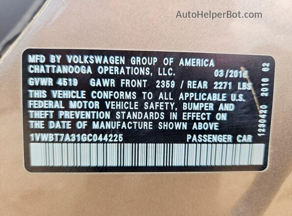 1VWBT7A31GC044225 2016 VOLKSWAGEN PASSAT Gold Widok komory silnika