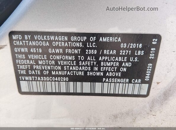 1VWBT7A33GC040290 2016 VOLKSWAGEN PASSAT Silver Engine compartment view