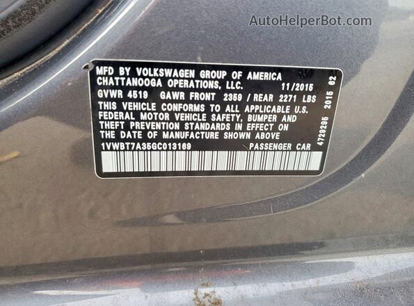 1VWBT7A35GC013169 2016 VOLKSWAGEN PASSAT Gray Widok komory silnika