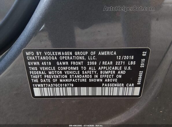 1VWBT7A37GC019779 2016 VOLKSWAGEN PASSAT Gray Շարժիչի բաժամունքի տեսք