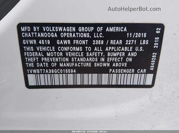 1VWBT7A38GC015594 2016 VOLKSWAGEN PASSAT White Vista del compartimento del motor