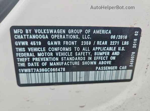1VWBT7A38GC066478 2016 VOLKSWAGEN PASSAT White ძრავის განყოფილების ხედი