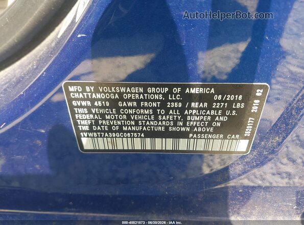 1VWBT7A39GC067574 2016 VOLKSWAGEN PASSAT Blue Вид підкапотного простору