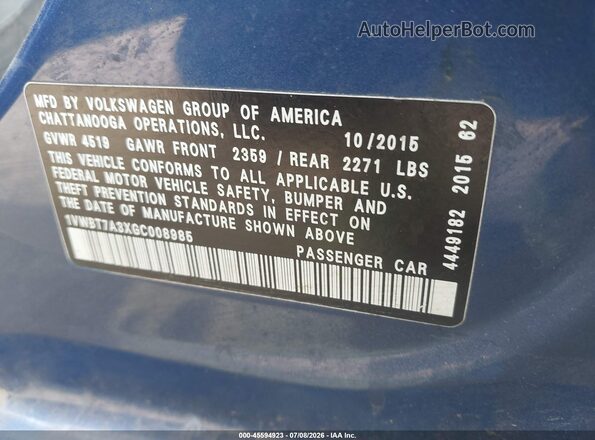 1VWBT7A3XGC008985 2016 VOLKSWAGEN PASSAT Dark Blue ძრავის განყოფილების ხედი