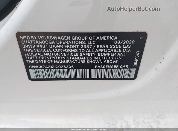 1VWCA7A3XLC025306 2020 VOLKSWAGEN PASSAT White Vista del compartimento del motor