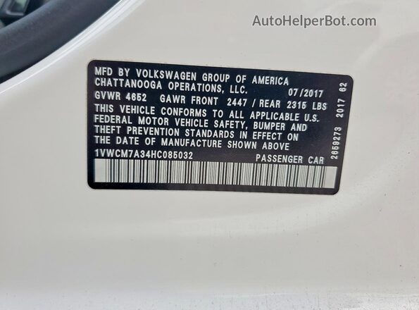 1VWCM7A34HC085032 2017 VOLKSWAGEN PASSAT White VIN კოდის სტიკერის ხედი