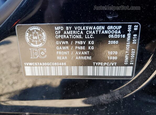 1VWCS7A30GC060486 2016 VOLKSWAGEN PASSAT Черный Вид наклейки с VIN-кодом