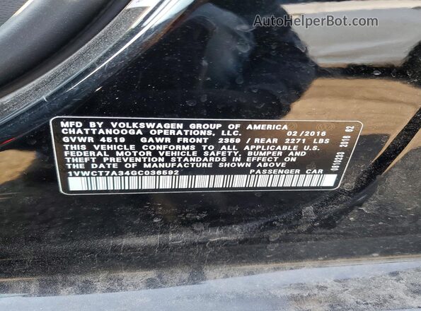 1VWCT7A34GC036592 2016 VOLKSWAGEN PASSAT Black Widok naklejki z numerem VIN