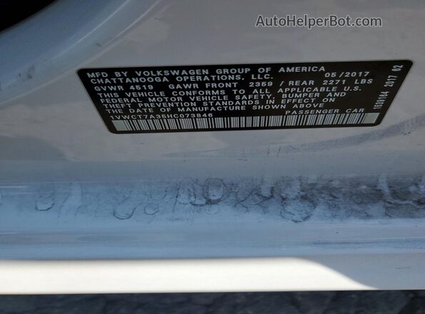 1VWCT7A35HC073846 2017 VOLKSWAGEN PASSAT Белый Вид наклейки с VIN-кодом