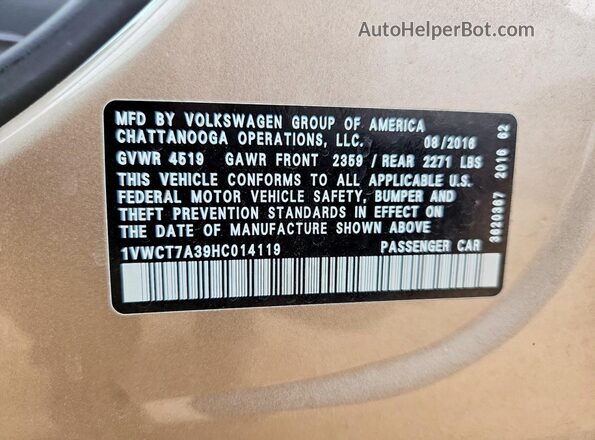 1VWCT7A39HC014119 2017 VOLKSWAGEN PASSAT Beige VIN კოდის სტიკერის ხედი