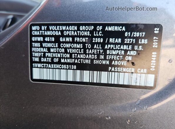 1VWCT7A3XHC053138 2017 VOLKSWAGEN PASSAT Серый Вид подкапотного пространства