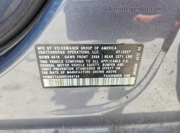 1VWDT7A30HC084743 2017 VOLKSWAGEN PASSAT Gray ძრავის განყოფილების ხედი