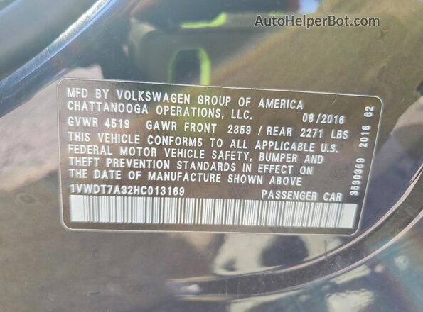 1VWDT7A32HC013169 2017 VOLKSWAGEN PASSAT Charcoal Widok komory silnika