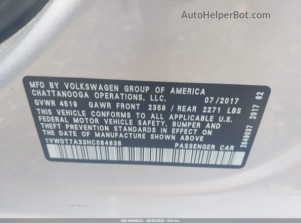 1VWDT7A33HC084638 2017 VOLKSWAGEN PASSAT Silver Вид підкапотного простору