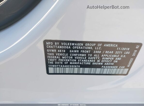 1VWDT7A34HC032970 2017 VOLKSWAGEN PASSAT White Շարժիչի բաժամունքի տեսք