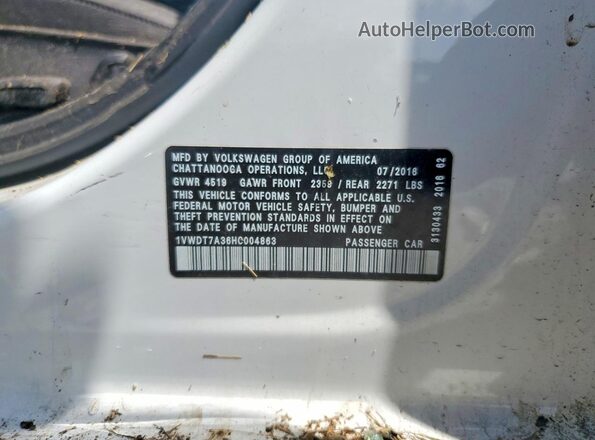 1VWDT7A36HC004863 2017 VOLKSWAGEN PASSAT White Engine compartment view