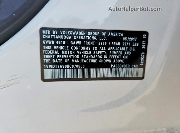 1VWDT7A36HC076856 2017 VOLKSWAGEN PASSAT White Engine compartment view