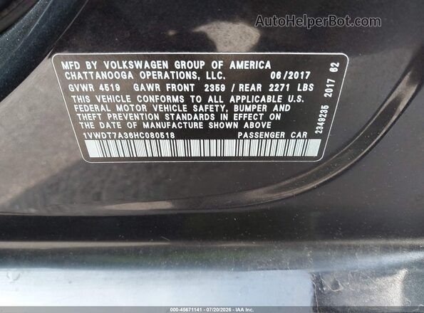 1VWDT7A36HC080518 2017 VOLKSWAGEN PASSAT Black Widok komory silnika