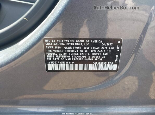 1VWDT7A37HC083184 2017 VOLKSWAGEN PASSAT Gray Vista del compartimento del motor