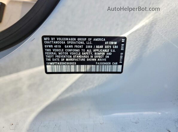 1VWDT7A3XHC003523 2017 VOLKSWAGEN PASSAT White Շարժիչի բաժամունքի տեսք
