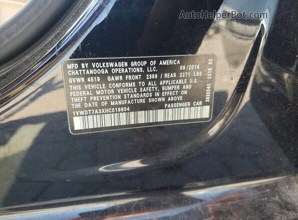1VWDT7A3XHC019804 2017 VOLKSWAGEN PASSAT Черный Вид наклейки с VIN-кодом