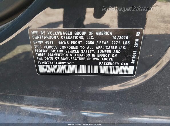 1VWDT7A3XHC027417 2017 VOLKSWAGEN PASSAT Серый Вид подкапотного пространства
