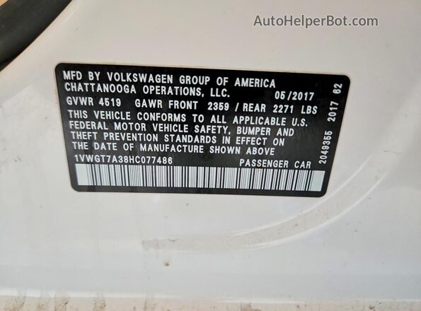 1VWGT7A38HC077486 2017 VOLKSWAGEN PASSAT White ძრავის განყოფილების ხედი