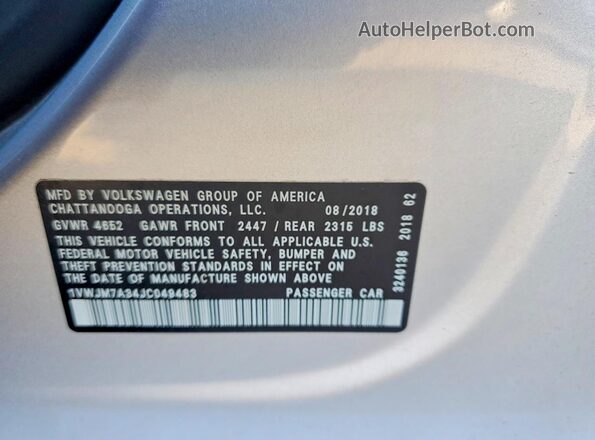 1VWJM7A34JC049483 2018 VOLKSWAGEN PASSAT Серебряный Вид подкапотного пространства