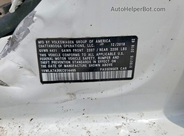 1VWLA7A35KC014485 2019 VOLKSWAGEN PASSAT White Вид наклейки з VIN-кодом