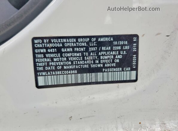 1VWLA7A38KC004968 2019 VOLKSWAGEN PASSAT White Engine compartment view