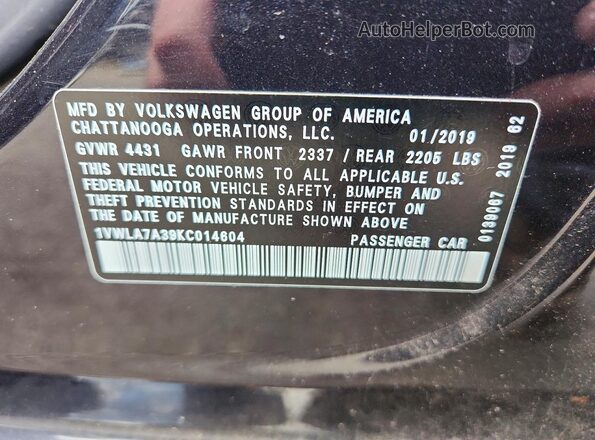 1VWLA7A39KC014604 2019 VOLKSWAGEN PASSAT Black VIN sticker view