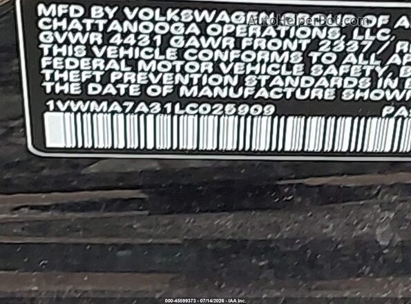 1VWMA7A31LC025909 2020 VOLKSWAGEN PASSAT Черный Вид подкапотного пространства