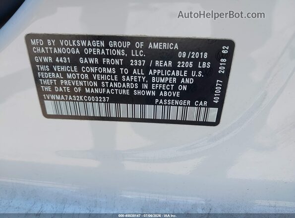 1VWMA7A32KC003237 2019 VOLKSWAGEN PASSAT White Widok komory silnika