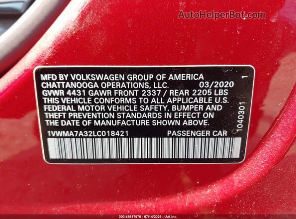 1VWMA7A32LC018421 2020 VOLKSWAGEN PASSAT Red Widok komory silnika