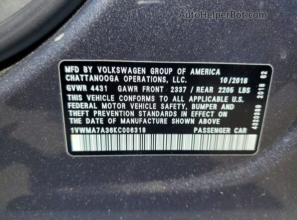 1VWMA7A36KC006318 2019 VOLKSWAGEN PASSAT Gray Engine compartment view
