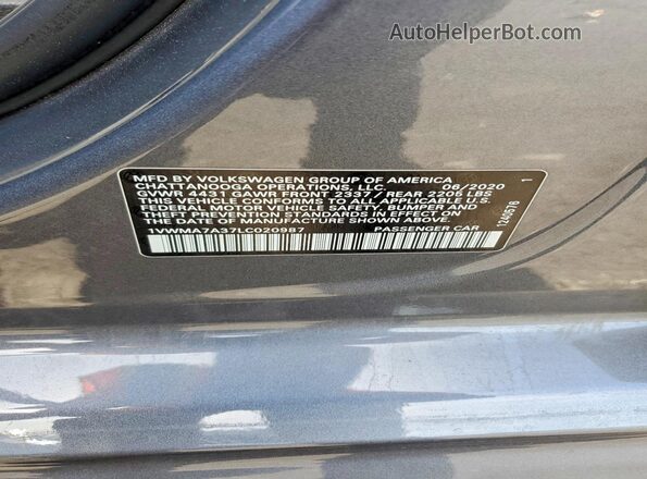 1VWMA7A37LC020987 2020 VOLKSWAGEN PASSAT Gray Вид підкапотного простору
