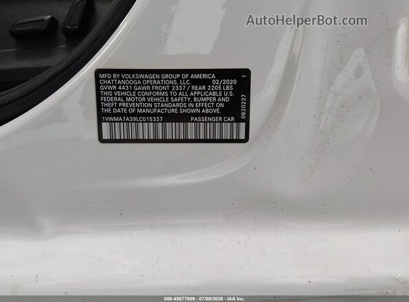 1VWMA7A39LC015337 2020 VOLKSWAGEN PASSAT White ძრავის განყოფილების ხედი