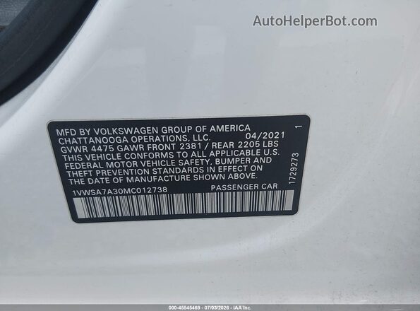 1VWSA7A30MC012738 2021 VOLKSWAGEN PASSAT White Շարժիչի բաժամունքի տեսք