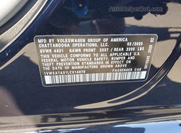 1VWSA7A31LC014979 2020 VOLKSWAGEN PASSAT Черный Вид подкапотного пространства