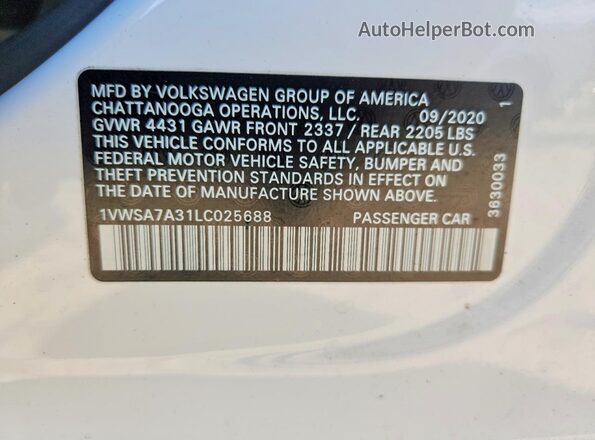1VWSA7A31LC025688 2020 VOLKSWAGEN PASSAT White Vista del compartimento del motor