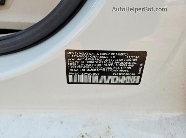 1VWSA7A33MC003029 2021 VOLKSWAGEN PASSAT White ძრავის განყოფილების ხედი